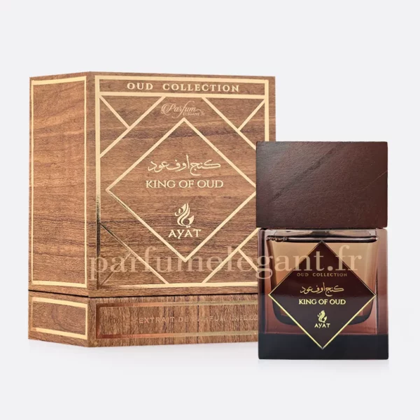 Parfum Élégant – Parfums Dubaï & Orientaux | Dupes Luxe à Prix Abordables en Boutique & en Ligne 10 Visuel du parfum King Of Oud by Ayat dans une ambiance orientale luxueuse mettant en avant son univers oud intense, boisé et raffiné. Extrait de parfum longue tenue inspiré des parfums Dubaï haut de gamme.