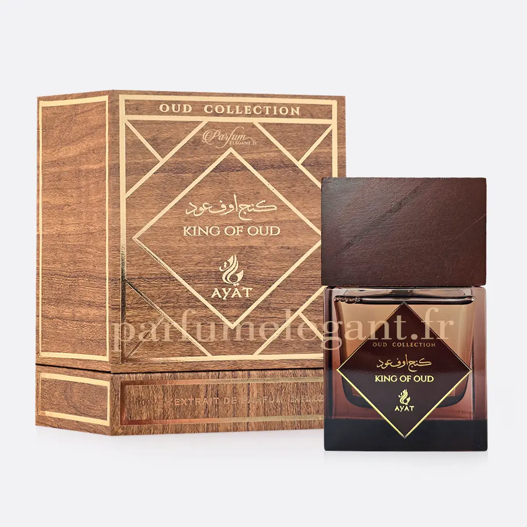 King Of Oud Ayat – Extrait de Parfum Oud Intense & Oriental 100ml 1 Visuel du parfum King Of Oud by Ayat dans une ambiance orientale luxueuse mettant en avant son univers oud intense, boisé et raffiné. Extrait de parfum longue tenue inspiré des parfums Dubaï haut de gamme.