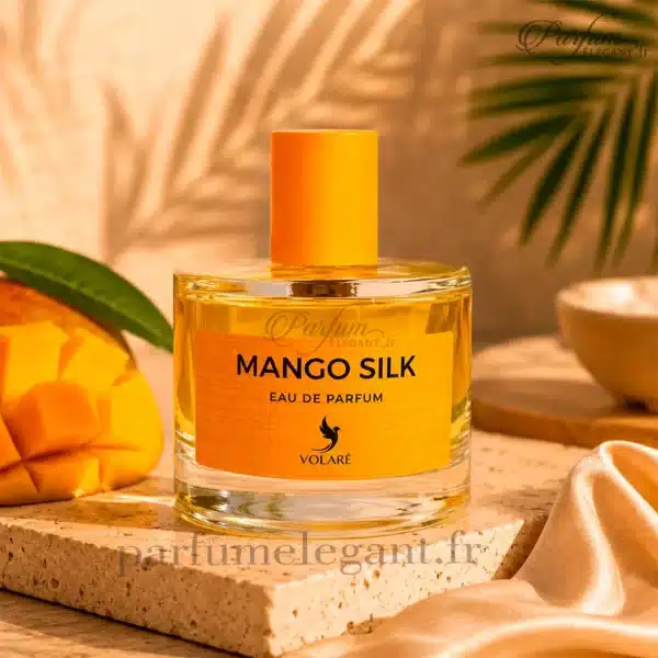 Mango Silk Volaré flacon et boîte parfum mangue Flacon Mango Silk Volaré 100 ml parfum fruité tropical mangue produit original disponible chez Parfum Élégant