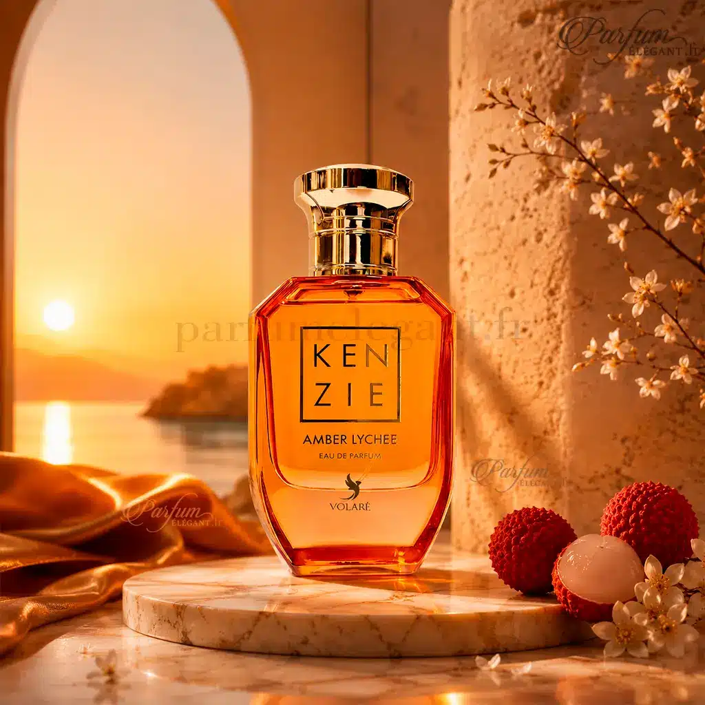 Miniature Kenzie Amber Lychee 25 ml – Mini Parfum Femme Volaré 2 Miniature Kenzie Amber Lychee 25 ml dans une ambiance luxueuse avec litchis et coucher de soleil