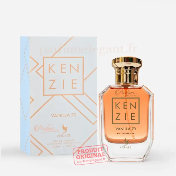 Parfum Élégant – Parfums Dubaï & Orientaux | Dupes Luxe à Prix Abordables en Boutique & en Ligne 5 Mini parfum Kenzie Vanilla 70 25 ml Volaré avec boîte officielle sur fond blanc