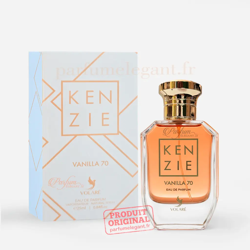 Miniature Kenzie Vanilla 70 25 ml – Mini Parfum Gourmand Vanille & Praliné 1 Mini parfum Kenzie Vanilla 70 25 ml Volaré avec boîte officielle sur fond blanc