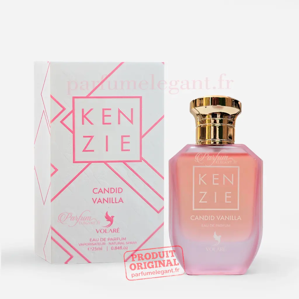 Miniature Kenzie Candid Vanilla 25 ml – Mini Parfum Femme Gourmand Volaré 1 Mini parfum Kenzie Candid Vanilla 25 ml Volaré avec boîte officielle sur fond blanc