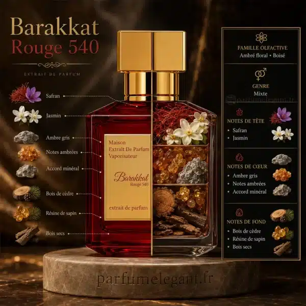 note olfactive Barakkat Rouge 540 Extrait de Parfum 100 ml note olfactive du parfum barrakat rouge 540 extrait 100ml