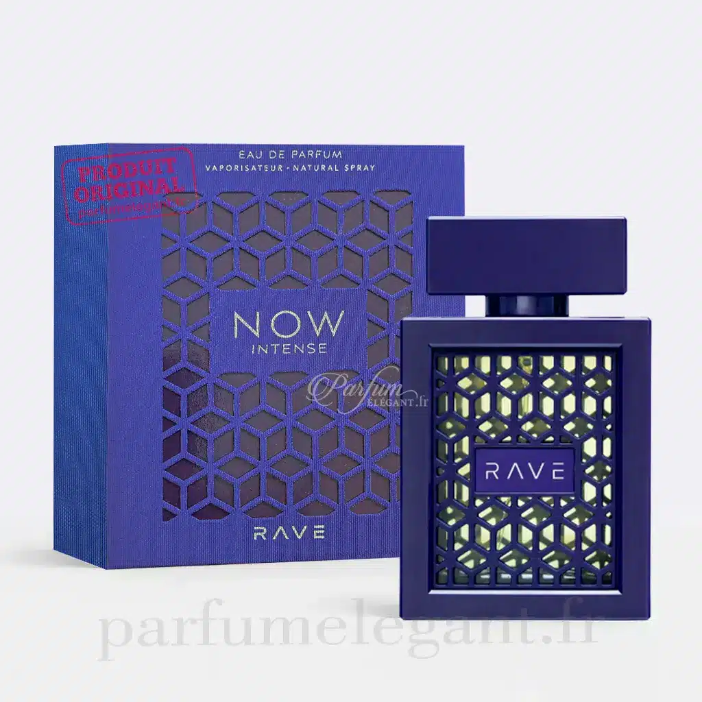 Now Intense – Rave – Parfum Oriental Homme 1 Packshot du parfum Now Intense de Rave avec boîte officielle sur fond blanc