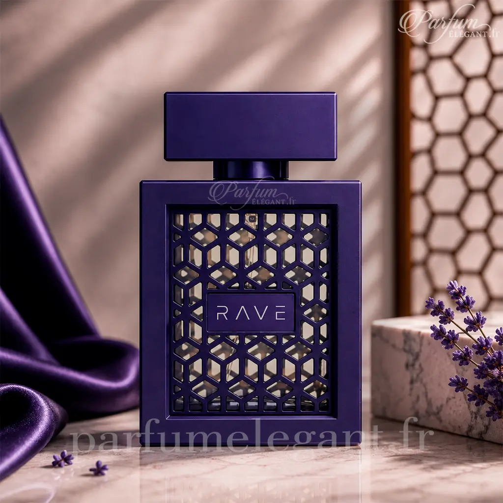 Now Intense – Rave – Parfum Oriental Homme 2 Flacon du parfum Now Intense de Rave dans une ambiance orientale élégante violette et moderne