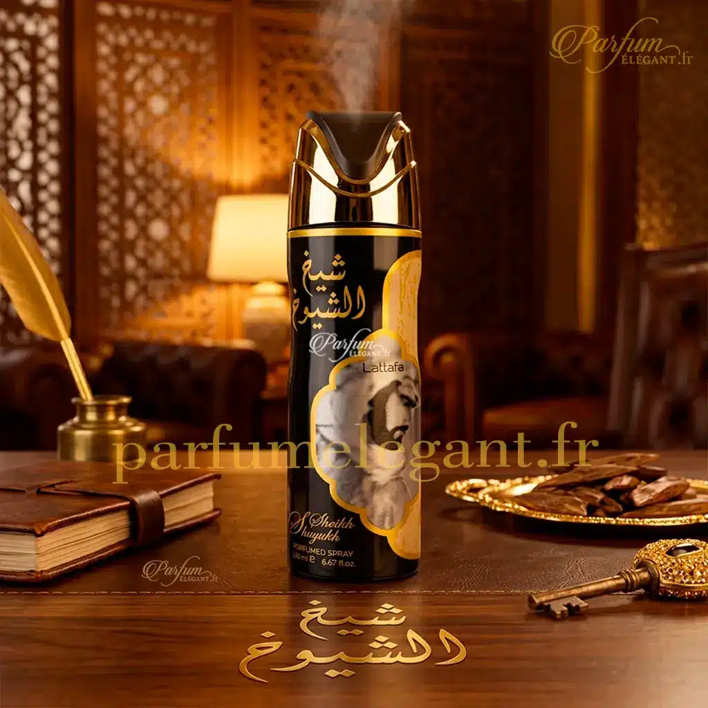 Sheikh Shuyukh Déodorant Spray Lattafa – Brume Parfumée Orientale Homme 200ml 2 Photo du déodorant parfumé Sheikh Shuyukh Lattafa 200ml sur fond clair. Une brume corporelle orientale boisée idéale pour parfumer le corps avec une senteur masculine élégante et moderne.