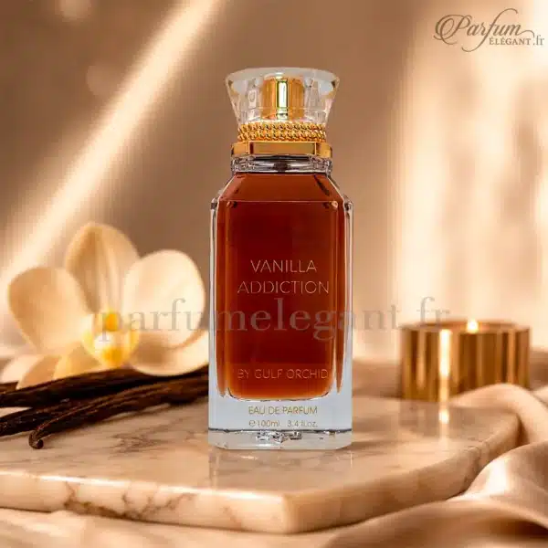 Vanilla Addiction Gulf Orchid Eau de Parfum 100 ml Photo du parfum Vanilla Addiction Gulf Orchid avec son coffret élégant. Une fragrance gourmande et vanillée mêlant douceur crémeuse, ambre chaud et accords raffinés dans un univers luxueux et addictif.