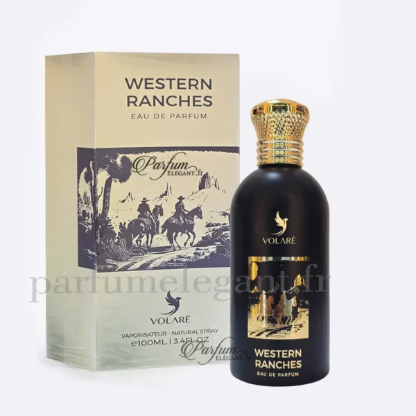 Parfum Élégant – Parfums Dubaï & Orientaux | Dupes Luxe à Prix Abordables en Boutique & en Ligne 10 Flacon du parfum Western Ranches de Volaré dans une ambiance western désertique avec accords boisés et cuirés