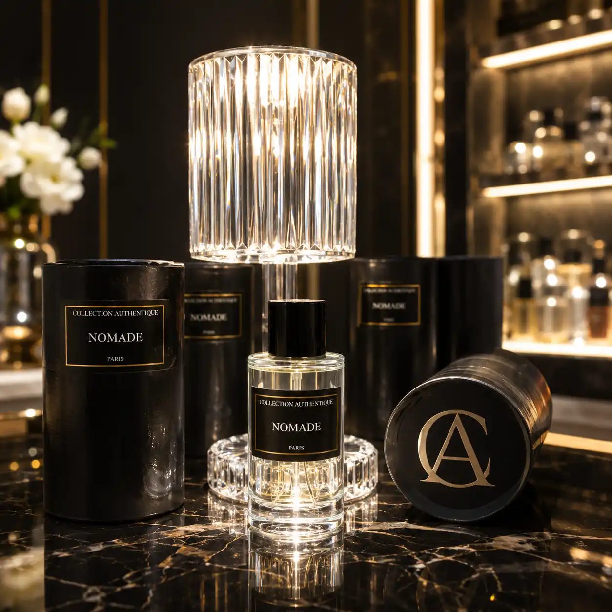 Collection Privée L’Authentique Parfum Élégant avec flacon Nomade dans un décor luxe noir et or