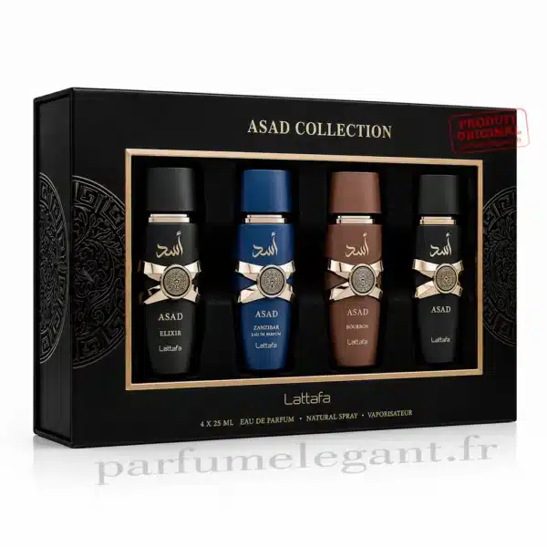 Parfum Élégant – Parfums Dubaï & Orientaux | Dupes Luxe à Prix Abordables en Boutique & en Ligne 7 Coffret ouvert Asad Collection Lattafa regroupant les quatre parfums de la gamme Asad