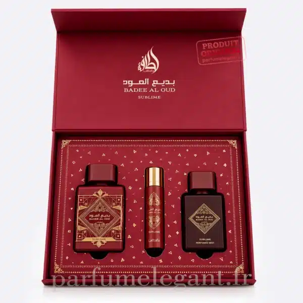 Coffret Cadeau Badee Al Oud Sublime Lattafa Présentation intérieure du coffret Badee Al Oud Sublime avec parfum spray voyage et hair mist