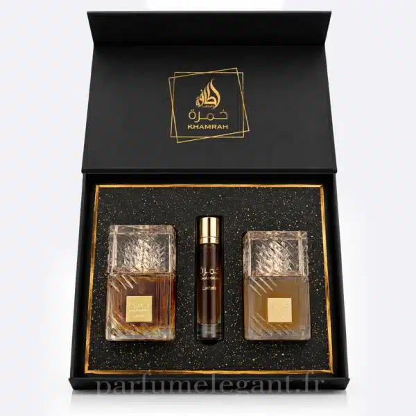 Coffret Cadeau Khamrah Lattafa Coffret cadeau Khamrah Lattafa noir et or avec parfum oriental gourmand