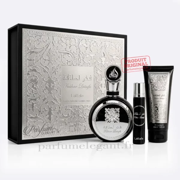 Parfum Élégant – Parfums Dubaï & Orientaux | Dupes Luxe à Prix Abordables en Boutique & en Ligne 10 Coffret parfum Fakhar Silver Lattafa pour homme avec parfum spray voyage et lotion parfumée