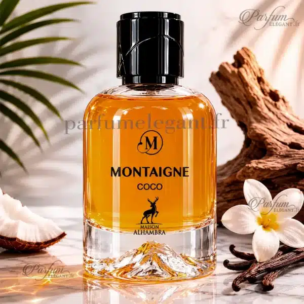 Montaigne Coco Maison Alhambra parfum exotique coco vanille Montaigne Coco Maison Alhambra parfum gourmand coco vanille avec noix de coco, vanille et fleurs blanches dans une ambiance tropicale élégante
