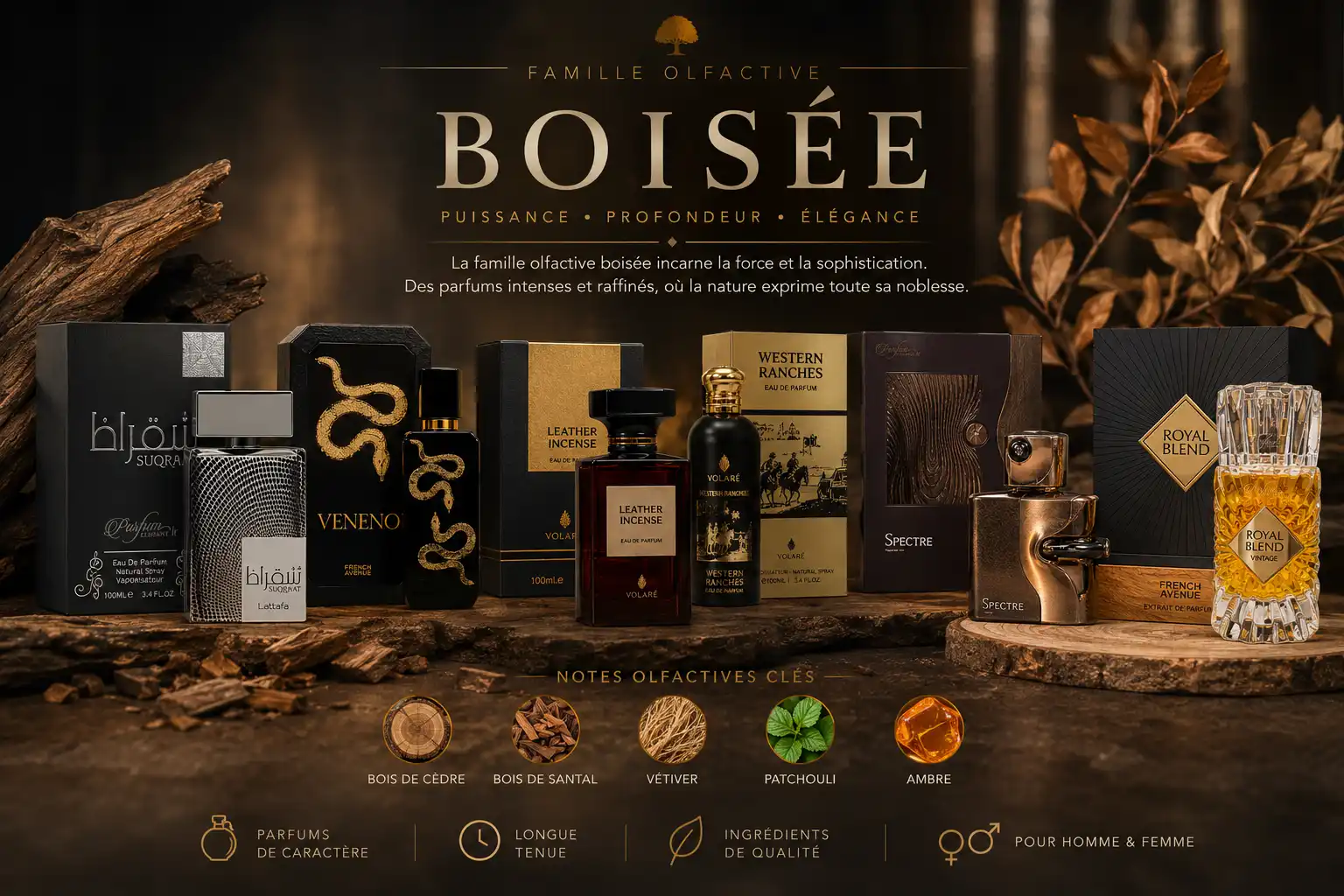 Parfums boisés tendance avec oud, cèdre, ambre et bois fumés