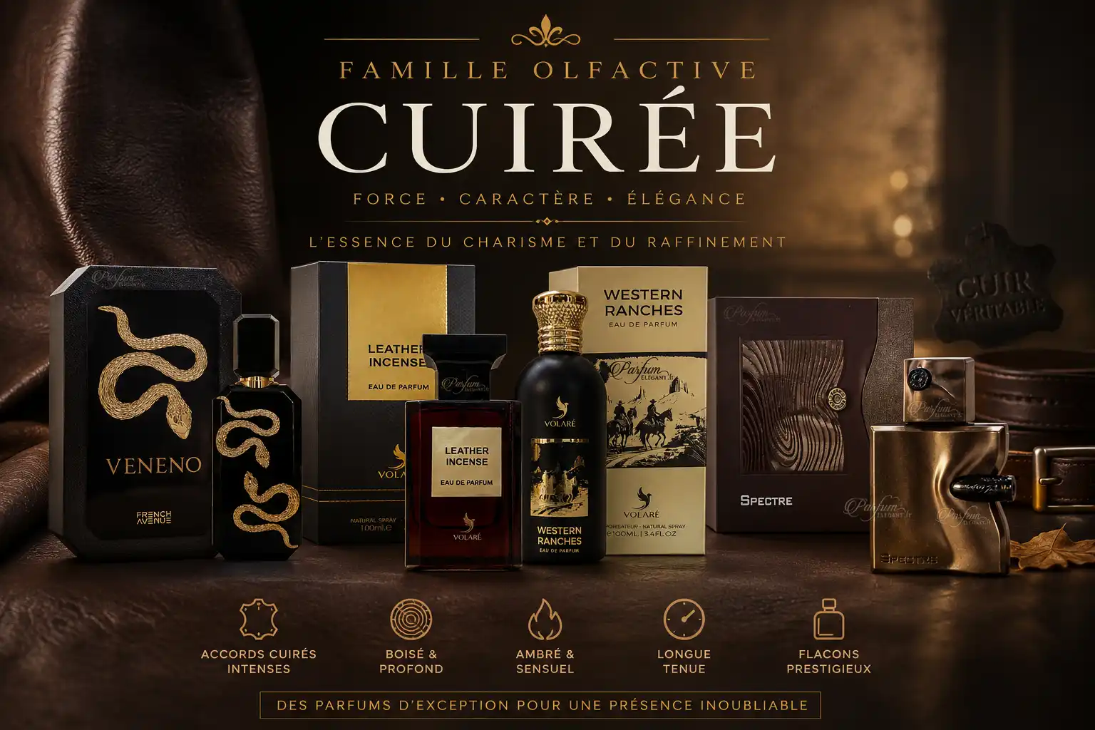 Parfums cuirés et résineux pour homme avec cuir, encens, ambre et bois fumés