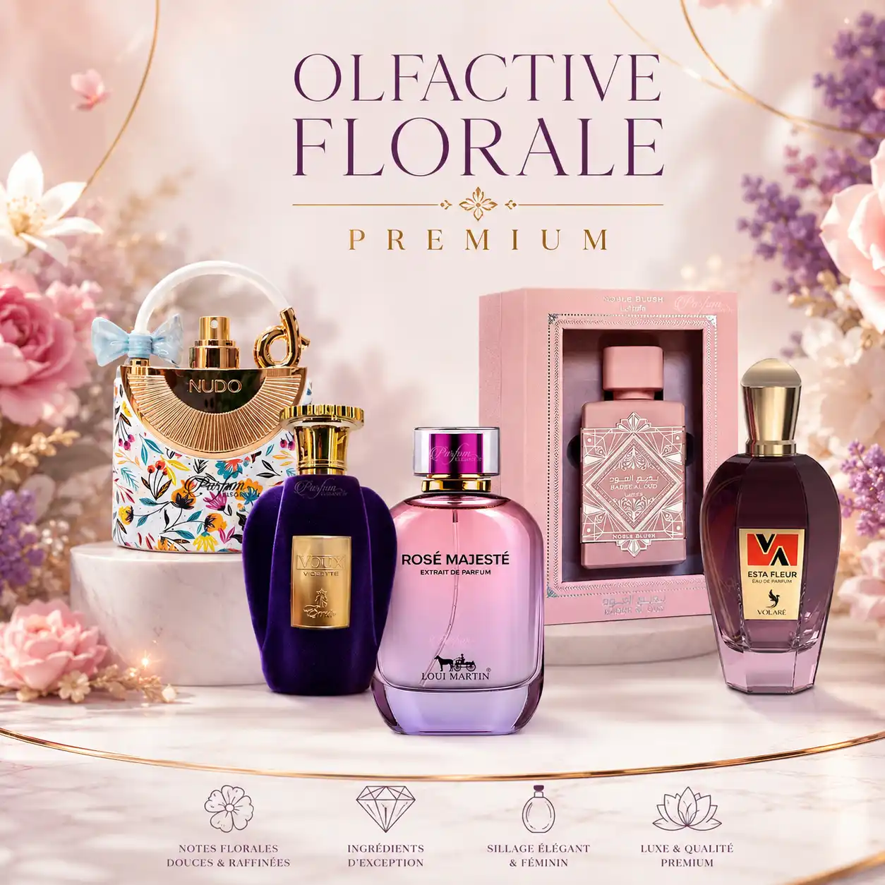 Parfums floraux doux avec rose, violette, fleurs blanches et musc