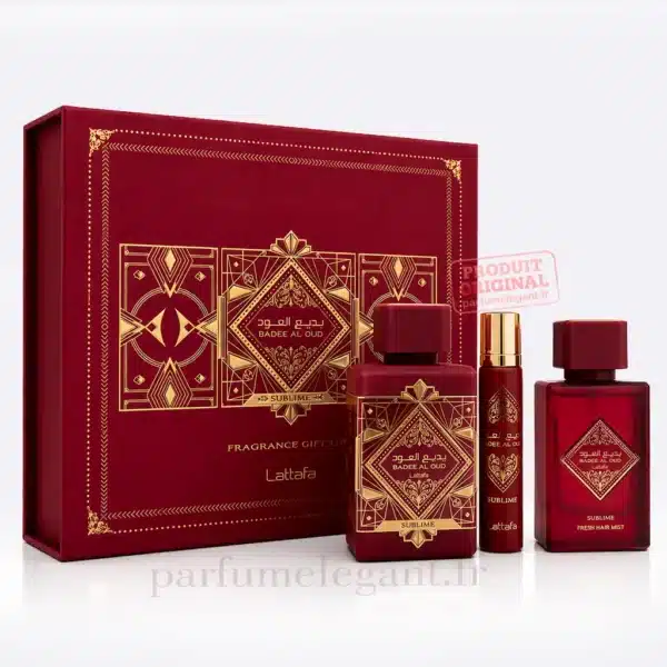 Parfum Élégant – Parfums Dubaï & Orientaux | Dupes Luxe à Prix Abordables en Boutique & en Ligne 9 Coffret parfum Badee Al Oud Sublime Lattafa présenté dans un décor élégant et raffiné