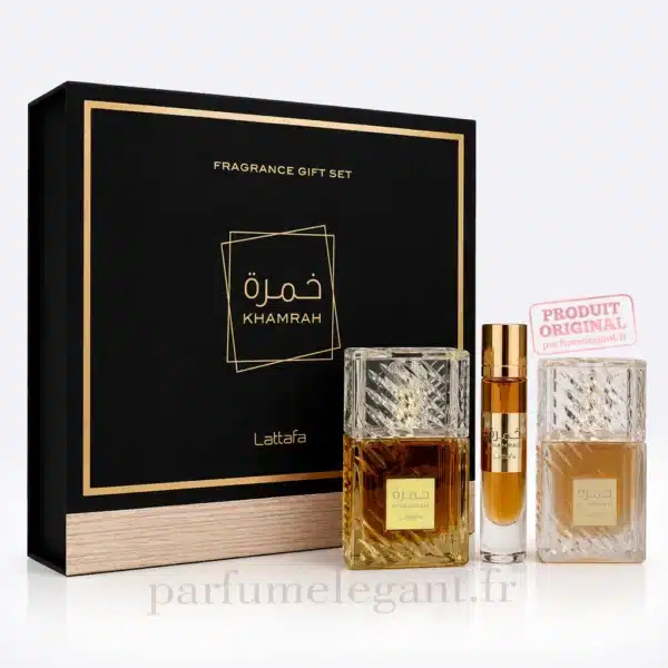 Parfum Élégant – Parfums Dubaï & Orientaux | Dupes Luxe à Prix Abordables en Boutique & en Ligne 8 Parfum Khamrah Lattafa accompagné de son spray voyage et hair mist assorti
