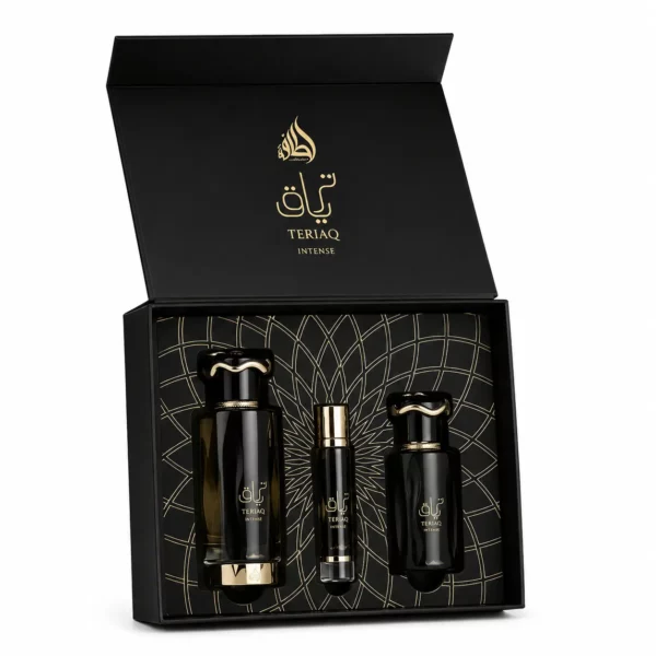 Parfum Élégant – Parfums Dubaï & Orientaux | Dupes Luxe à Prix Abordables en Boutique & en Ligne 11 Coffret Teriaq Intense Lattafa comprenant une Eau de Parfum 100 ml, un format voyage 12 ml et un Hair Mist 50 ml