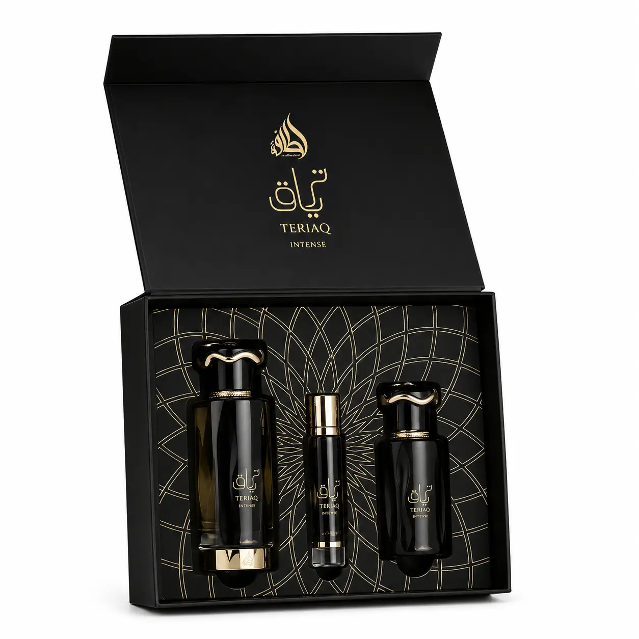 Coffret Teriaq Intense Lattafa 100 ml + 12 ml + Hair Mist 50 ml 1 Coffret Teriaq Intense Lattafa comprenant une Eau de Parfum 100 ml, un format voyage 12 ml et un Hair Mist 50 ml