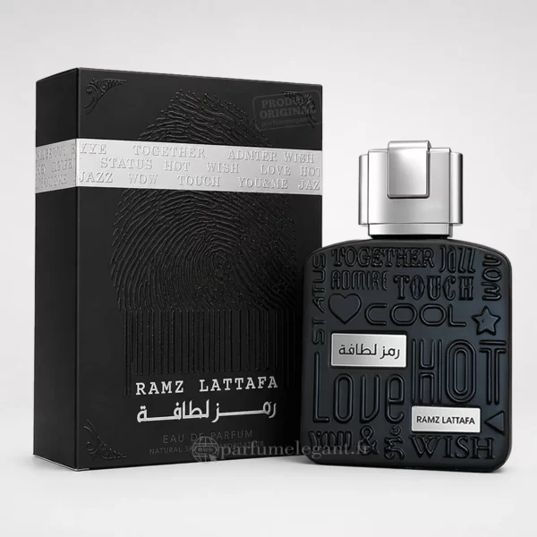 Parfum Élégant – Parfums Dubaï & Orientaux | Dupes Luxe à Prix Abordables en Boutique & en Ligne 12 Flacon Ramz Lattafa Silver accompagné de sa boîte officielle noire, Eau de Parfum pour homme de Lattafa.