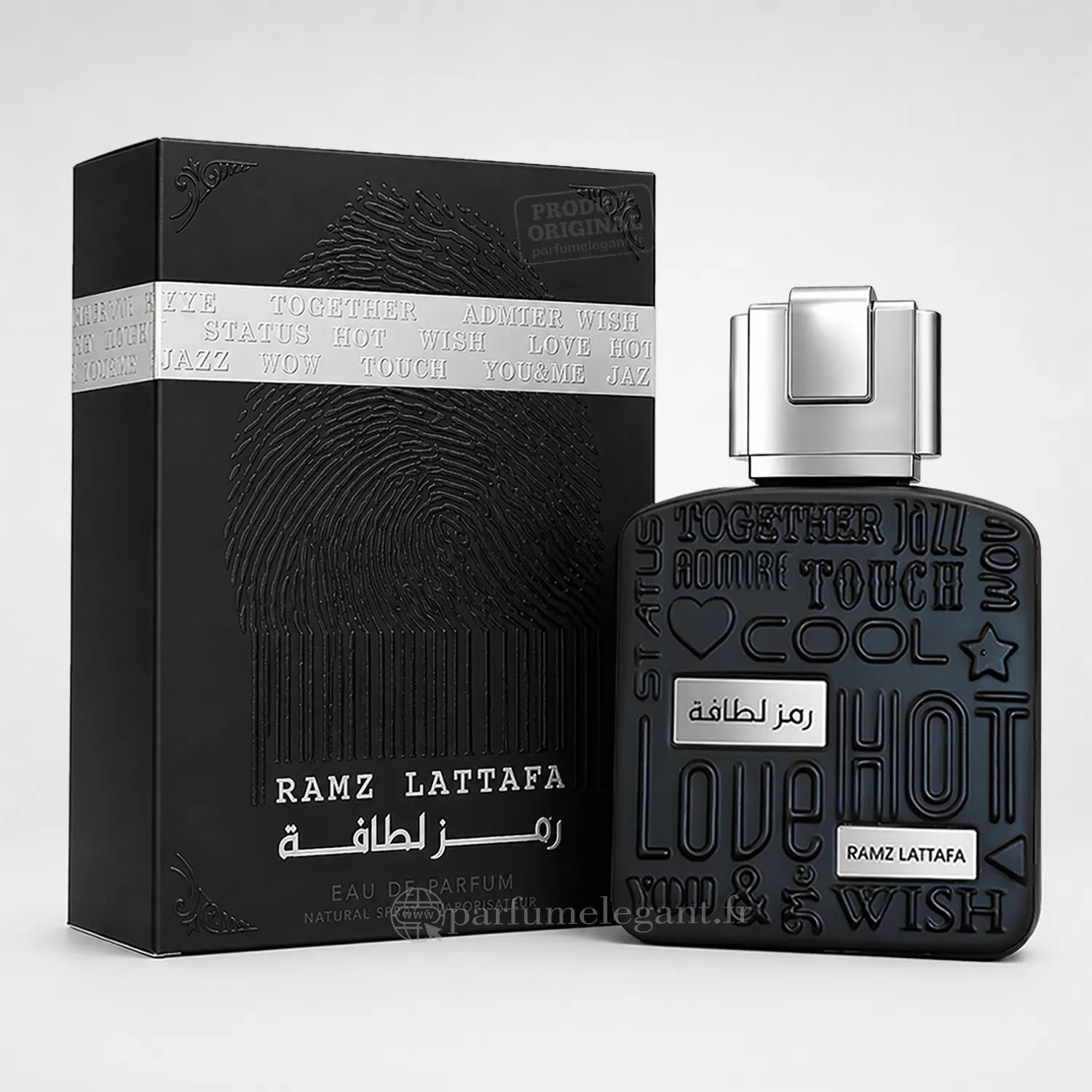 Ramz Lattafa Silver Eau de Parfum Homme 100 ml 1 Flacon Ramz Lattafa Silver accompagné de sa boîte officielle noire, Eau de Parfum pour homme de Lattafa.