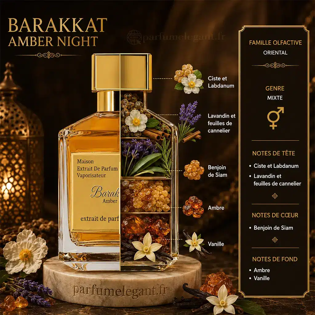 Barakkat Amber Night – Extrait de Parfum Mixte 100 ml 2 Notes Barakkat Amber Night labdanum lavandin benjoin ambre et vanille