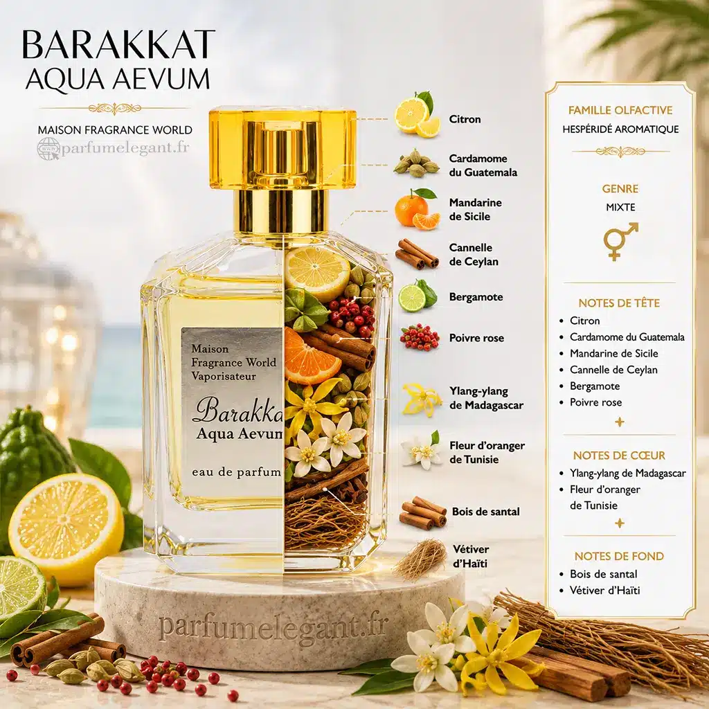 Barakkat Aqua Aevum – Eau de Parfum Mixte 100 ml 2 Notes Barakkat Aqua Aevum citron cardamome mandarine ylang-ylang santal et vétiver