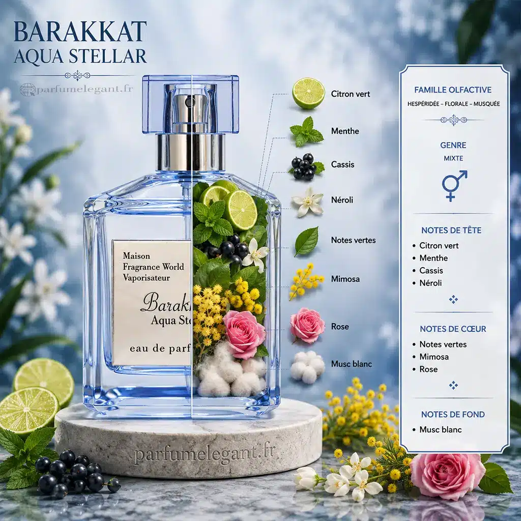 Barakkat Aqua Stellar – Eau de Parfum Mixte 100 ml 2 Notes Barakkat Aqua Stellar citron vert menthe cassis néroli rose et musc blanc