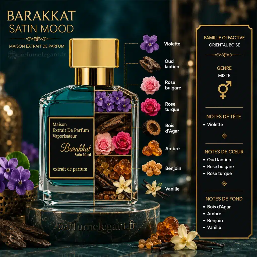 Barakkat Satin Mood – Extrait de Parfum Mixte 100 ml 2 Notes Barakkat Satin Mood violette oud rose ambre benjoin vanille et bois d'agar