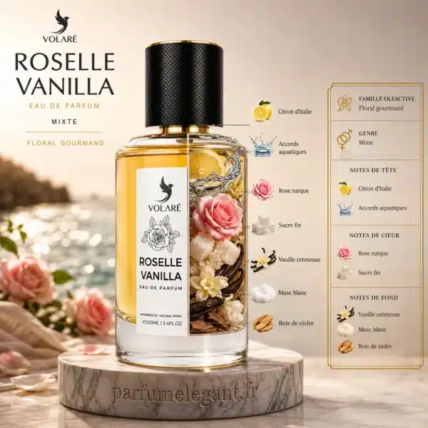 Notes olfactives Roselle Vanilla Volaré Notes Roselle Vanilla Volaré citron rose turque vanille musc blanc et cèdre
