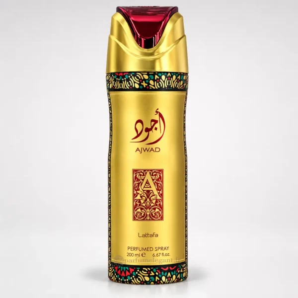 Parfum Élégant – Parfums Dubaï & Orientaux | Dupes Luxe à Prix Abordables en Boutique & en Ligne 14 Spray parfumé Ajwad Lattafa Perfumed Spray 200 ml, aérosol doré avec bouchon rouge et or, inscriptions arabes et motifs orientaux multicolores.