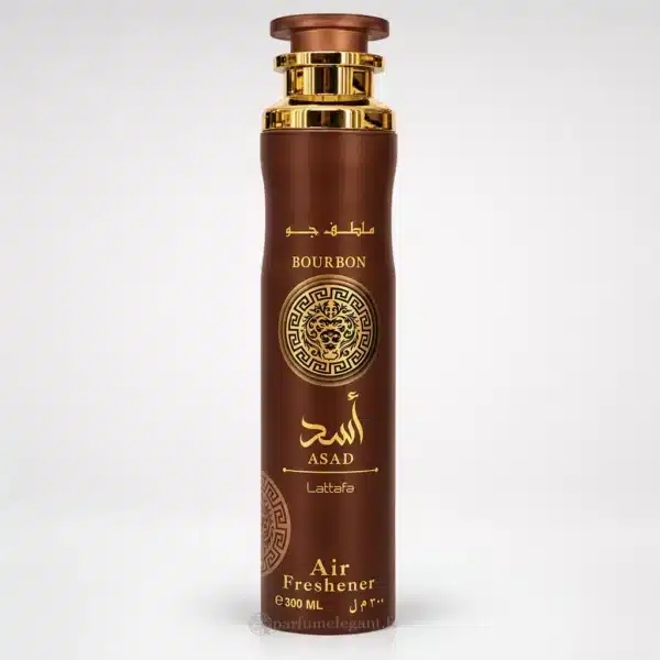 Aérosol Asad Bourbon Lattafa Air Freshener 300 ml, flacon marron chocolat avec bouchon cuivré et ornements dorés.
