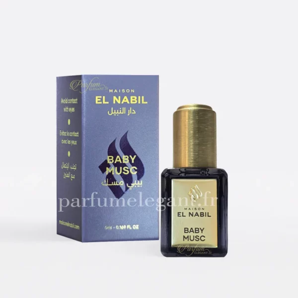 Parfum Élégant – Parfums Dubaï & Orientaux | Dupes Luxe à Prix Abordables en Boutique & en Ligne 10 Baby Musc Maison El Nabil 5 ml, petit flacon rectangulaire bleu foncé avec bouchon doré et étiquette dorée, accompagné de sa boîte bleue.