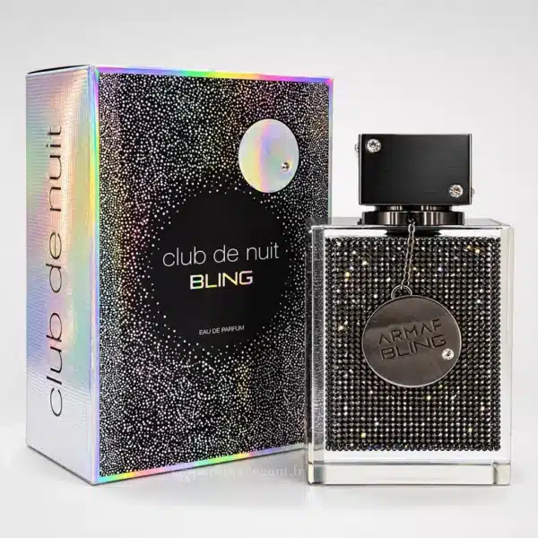 Parfum Élégant – Parfums Dubaï & Orientaux | Dupes Luxe à Prix Abordables en Boutique & en Ligne 6 Flacon du parfum Club de Nuit Bling Armaf pour homme, orné de cristaux noirs scintillants, présenté avec sa boîte holographique d'origine.