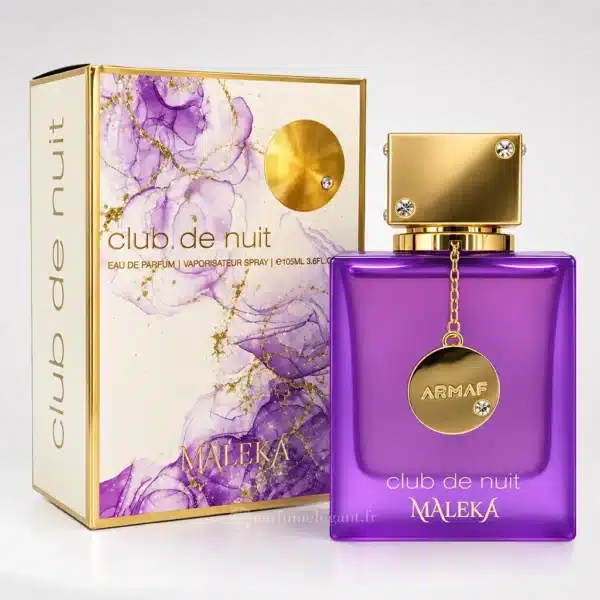 Parfum Élégant – Parfums Dubaï & Orientaux | Dupes Luxe à Prix Abordables en Boutique & en Ligne 8 Flacon violet du parfum Club de Nuit Maleka Armaf 105 ml avec bouchon et médaillon dorés, présenté à côté de sa boîte blanche aux motifs violets et dorés.