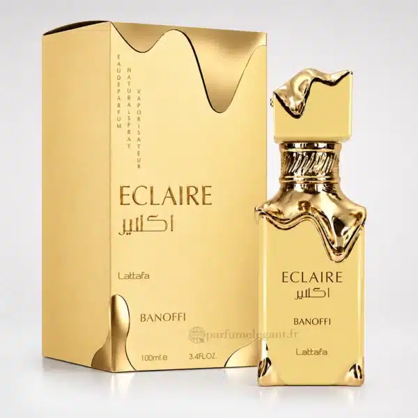 Flacon doré Éclaire Banoffi Lattafa 100 ml avec bouchon effet caramel coulant et boîte dorée