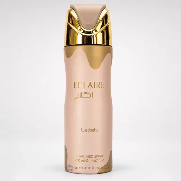 Parfum Élégant – Parfums Dubaï & Orientaux | Dupes Luxe à Prix Abordables en Boutique & en Ligne 11 Spray parfumé Éclaire Lattafa Perfumed Spray 200 ml, aérosol beige rosé avec décor de caramel doré et bouchon beige et or.