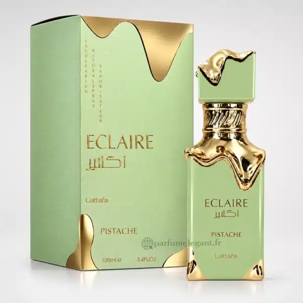 Flacon vert pastel et doré Éclaire Pistache Lattafa 100 ml accompagné de sa boîte verte et dorée