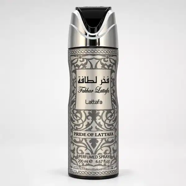 Spray parfumé Fakhar Silver Lattafa Pride of Lattafa 200 ml, aérosol argenté avec motifs orientaux gris foncé et bouchon argenté et noir.