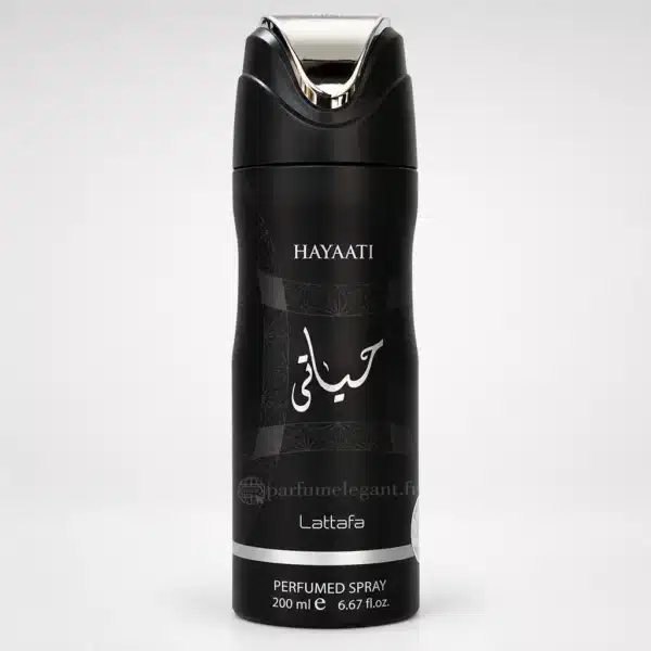 Spray parfumé Hayaati Lattafa Perfumed Spray 200 ml, aérosol noir mat avec motifs géométriques discrets, inscriptions blanches en arabe et bouchon noir et argenté.