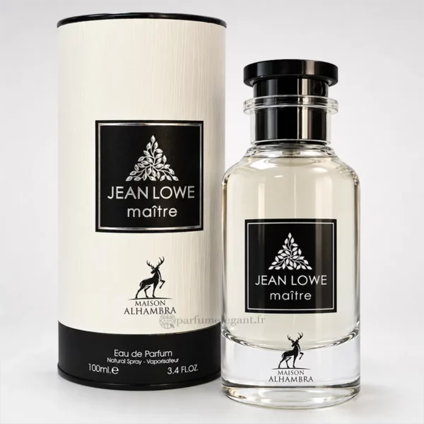 Flacon transparent du parfum Jean Lowe Maître Maison Alhambra 100 ml, avec bouchon noir et étiquette noire, présenté à côté de son étui cylindrique blanc et noir.