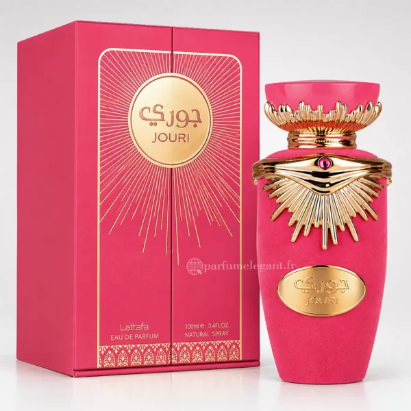 Parfum Élégant – Parfums Dubaï & Orientaux | Dupes Luxe à Prix Abordables en Boutique & en Ligne 8 Flacon rose fuchsia du parfum Jouri Lattafa 100 ml pour femme, orné de détails dorés et présenté avec sa boîte rose aux motifs dorés.