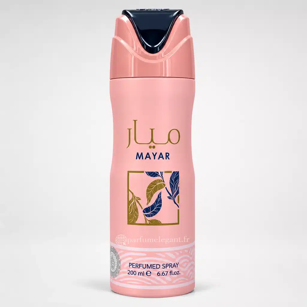 Mayar Lattafa – Spray Parfumé Femme Fruité Floral 200 ml 1 Spray parfumé Mayar Lattafa Perfumed Spray 200 ml, aérosol rose poudré avec bouchon rose et bleu nuit, motifs de feuilles bleues et dorées.