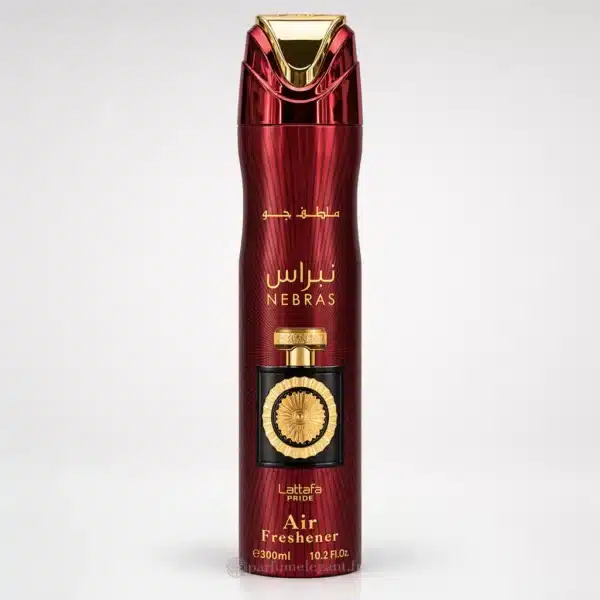 Parfum Élégant – Parfums Dubaï & Orientaux | Dupes Luxe à Prix Abordables en Boutique & en Ligne 16 Spray d'ambiance Nebras Lattafa Pride Air Freshener 300 ml, aérosol rouge bordeaux avec bouchon métallisé rouge et doré, décor de flacon noir et or.