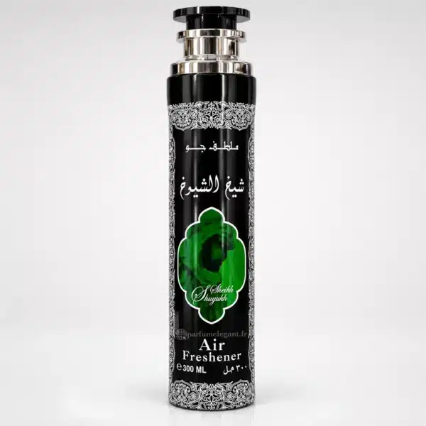 Spray d'ambiance Sheikh Shuyukh Lattafa Air Freshener 300 ml, aérosol noir avec ornements argentés, médaillon vert et bouchon noir et argenté.