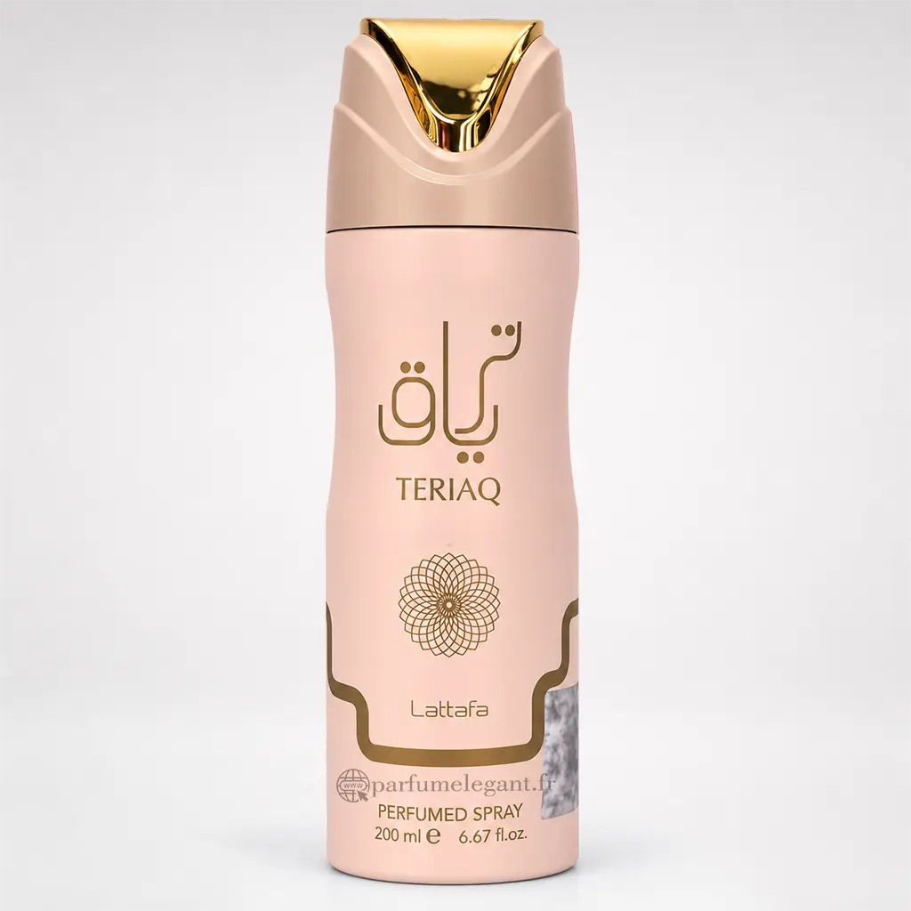 Teriaq Lattafa – Spray Parfumé Femme Gourmand Ambré 200 ml 1 Spray parfumé Teriaq Lattafa Perfumed Spray 200 ml, aérosol rose poudré avec bouchon rose et doré, inscriptions dorées et motif floral géométrique.