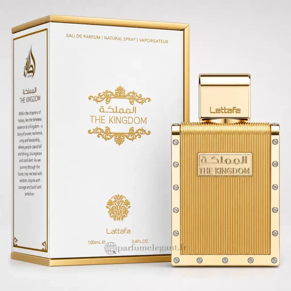 Parfum Élégant – Parfums Dubaï & Orientaux | Dupes Luxe à Prix Abordables en Boutique & en Ligne 11 The Kingdom Lattafa Eau de Parfum homme 100 ml avec flacon doré et coffret blanc et or